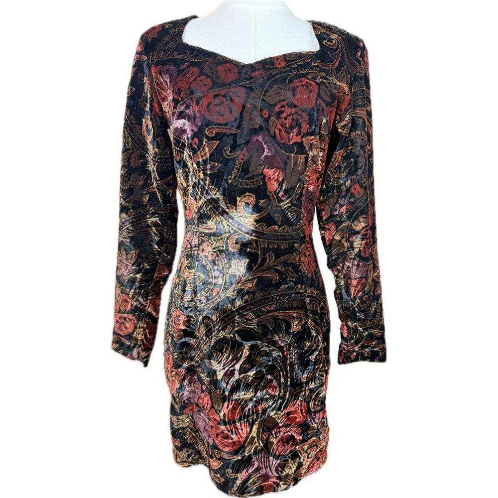 Vintage Contempot Casuals 90s Y2K Black Floral Velvet Mini Dress size small